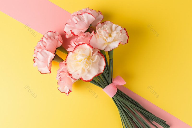 黄色背景妇女节女生节康乃馨粉色丝带装饰,高清,摄影图,摄影图片,图片大全,摄影图免费下载